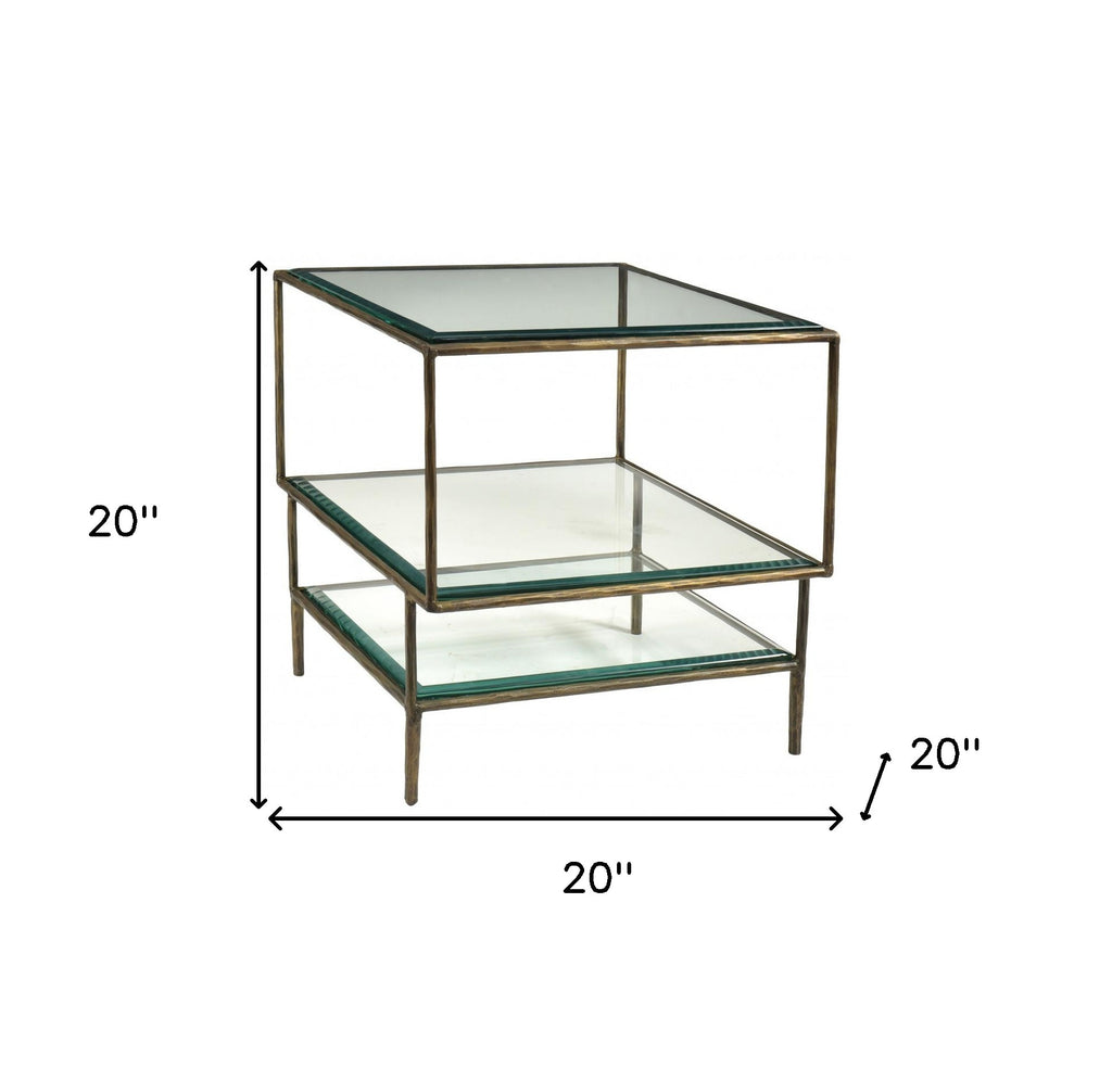 20" Bronze And Clear Glass And Iron Square End Table With Two Shelves