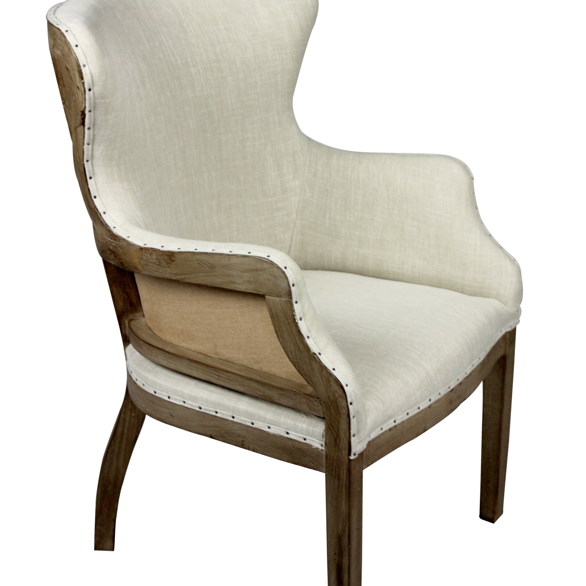 25" Ivory and Brown Fabric and Solid Wood Dining Arm Chair