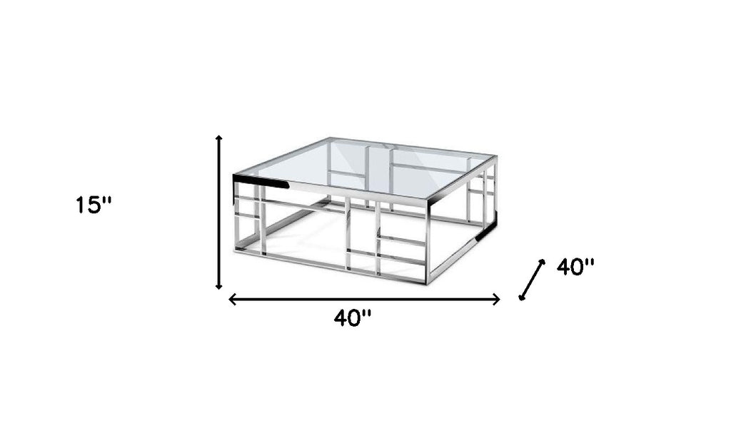 40" Silver And Clear Glass Square Coffee Table