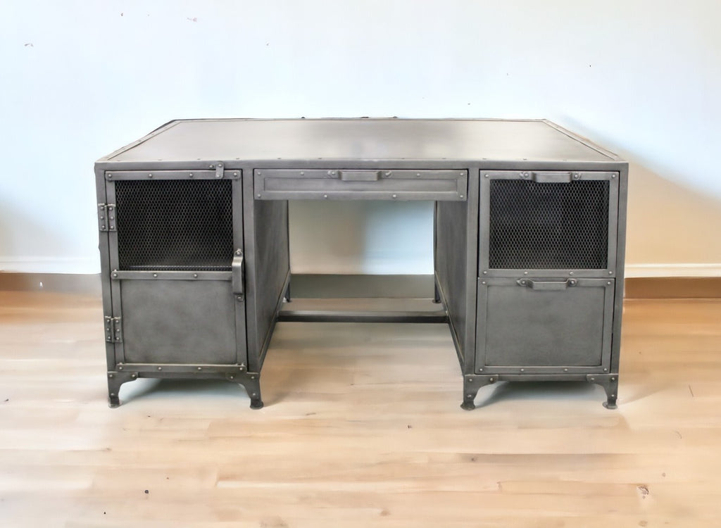 56" Gray Metal Computer Desk With Three Drawers