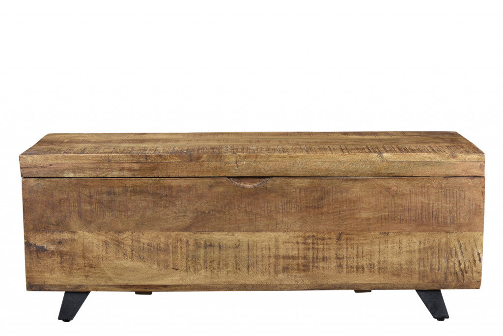 46" Brown and Black Distressed Solid Wood Storage Bench with Flip Top