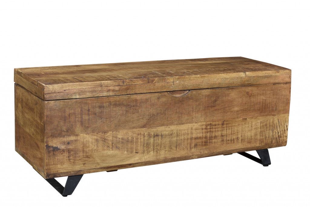 46" Brown and Black Distressed Solid Wood Storage Bench with Flip Top