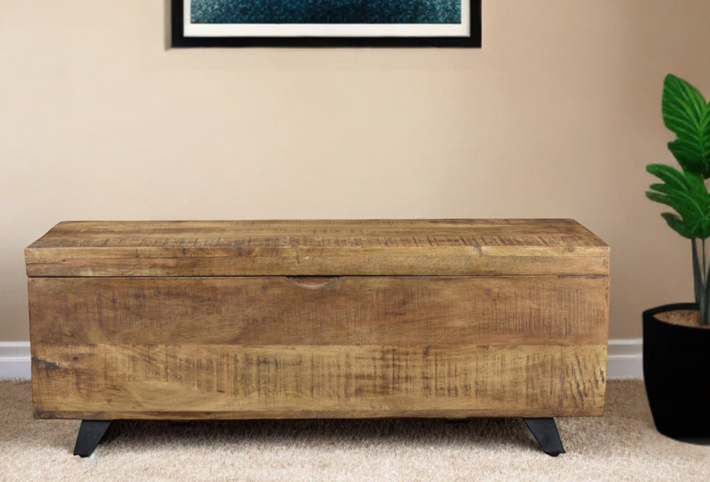 46" Brown and Black Distressed Solid Wood Storage Bench with Flip Top