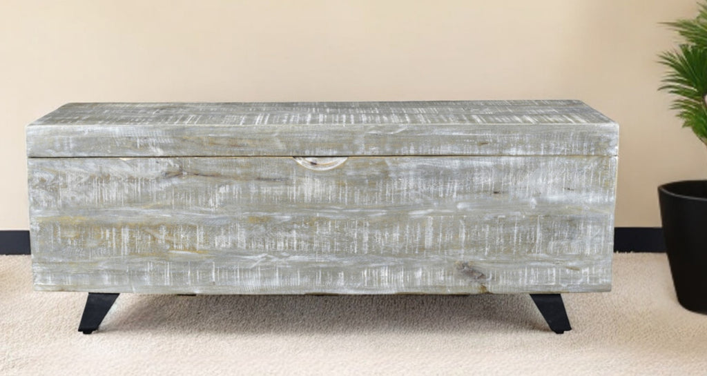 46" Gray and Black Distressed Solid Wood Storage Bench with Flip Top