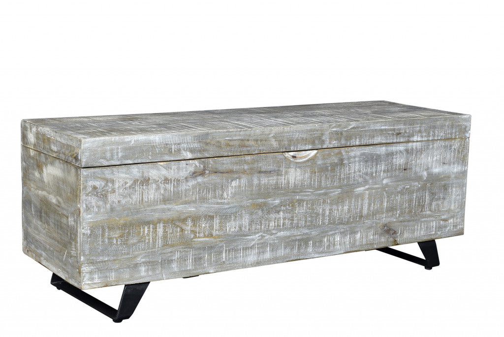 46" Gray and Black Distressed Solid Wood Storage Bench with Flip Top