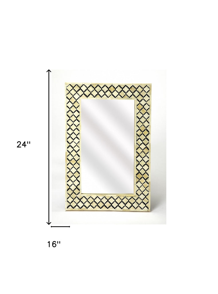 24" Ivory and Black Quatrefoil Bone Inlay Framed Wall Mirror