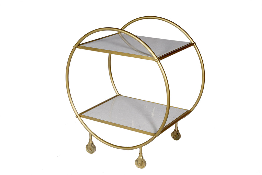 Gray and Gold Iron And Marble Rolling Bar Cart