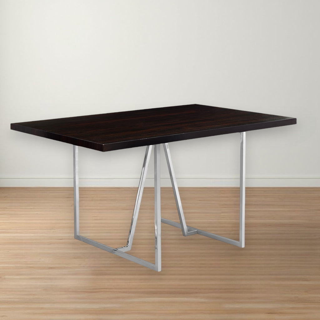 60" Espresso And Silver Solid Wood And Metal Pedestal Base Dining Table