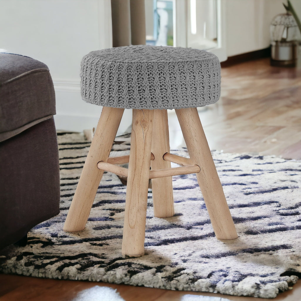 12" Gray Cotton Blend And Natural Round Ottoman