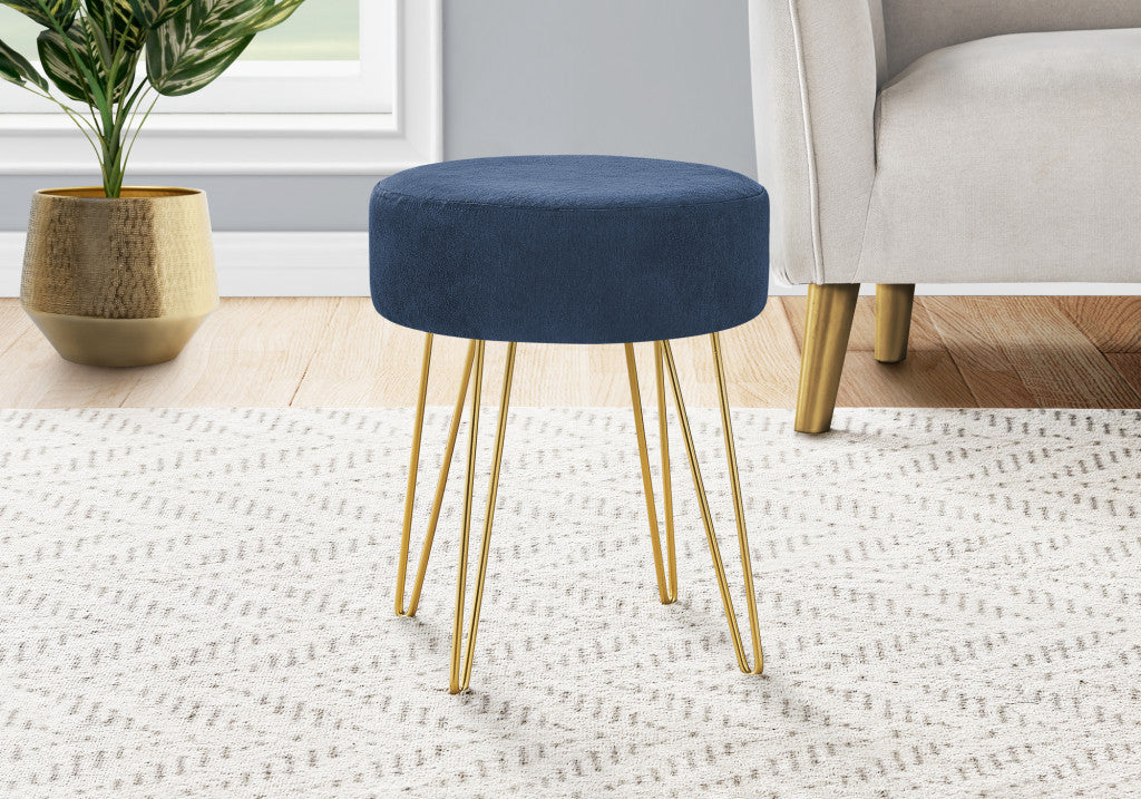 14" Blue Velvet And Gold Round Ottoman