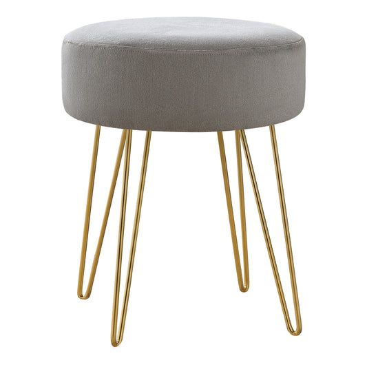 14" Gray Velvet And Gold Round Ottoman