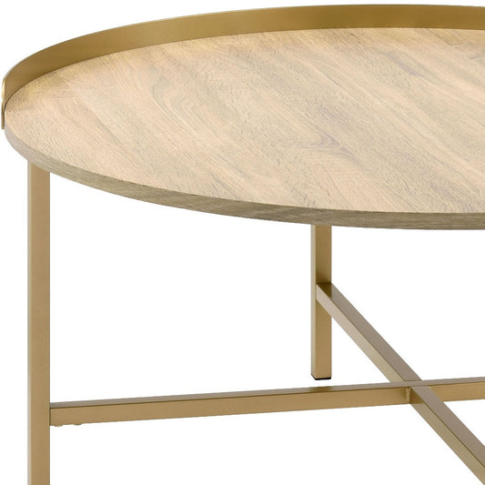 34" Gold And Oak Manufactured Wood And Metal Round Coffee Table