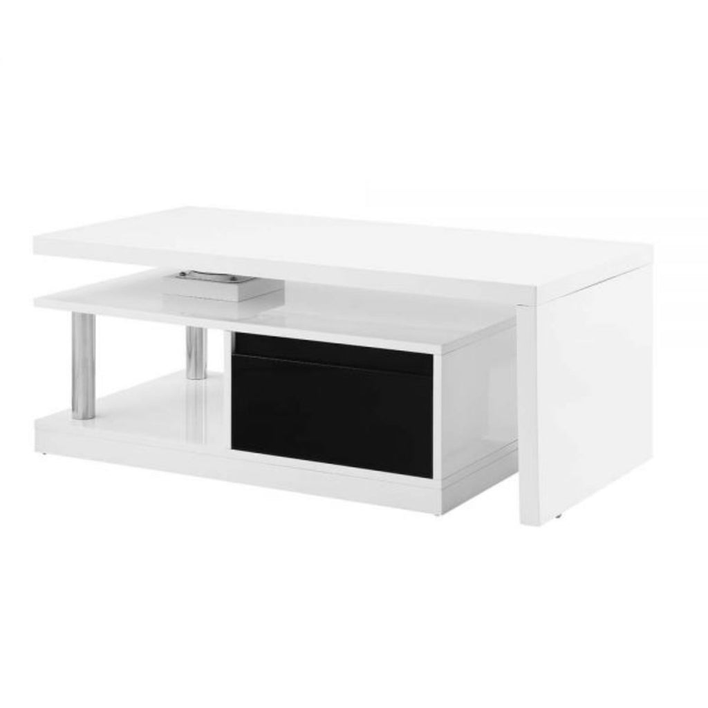 63" White Black And Silver Coffee Table With Two Drawers And Shelf