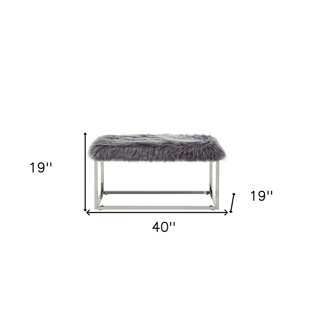 40" Gray And Silver Upholstered Faux Fur Bench