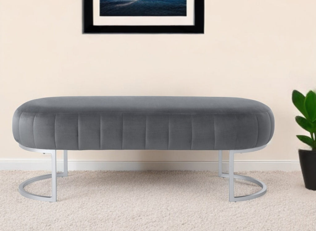 53" Navy Blue And Gold Upholstered Velvet Bench