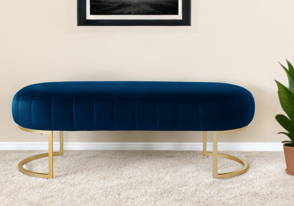 53" Navy Blue And Gold Upholstered Velvet Bench