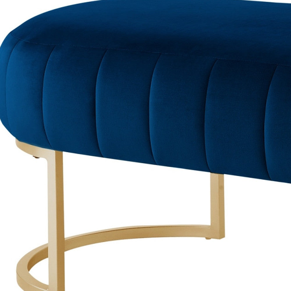 53" Navy Blue And Gold Upholstered Velvet Bench