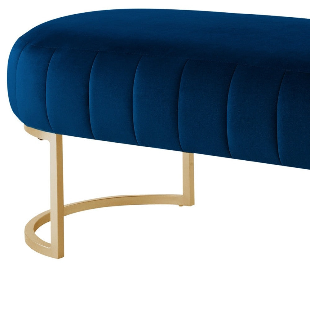 53" Navy Blue And Gold Upholstered Velvet Bench