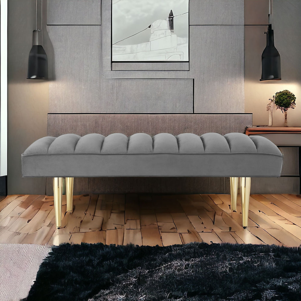 53" Light Gray And Gold Upholstered Velvet Bench