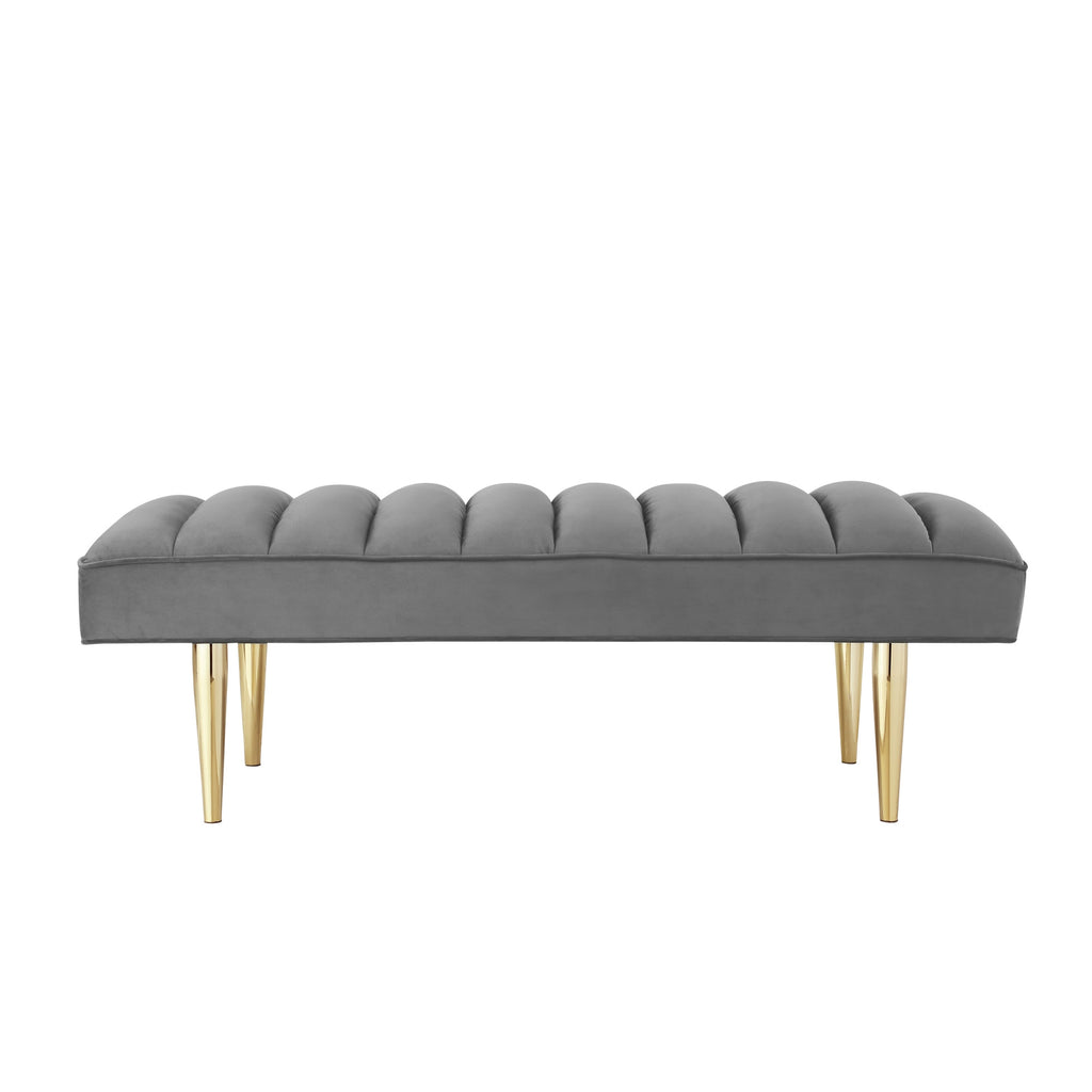 53" Light Gray And Gold Upholstered Velvet Bench