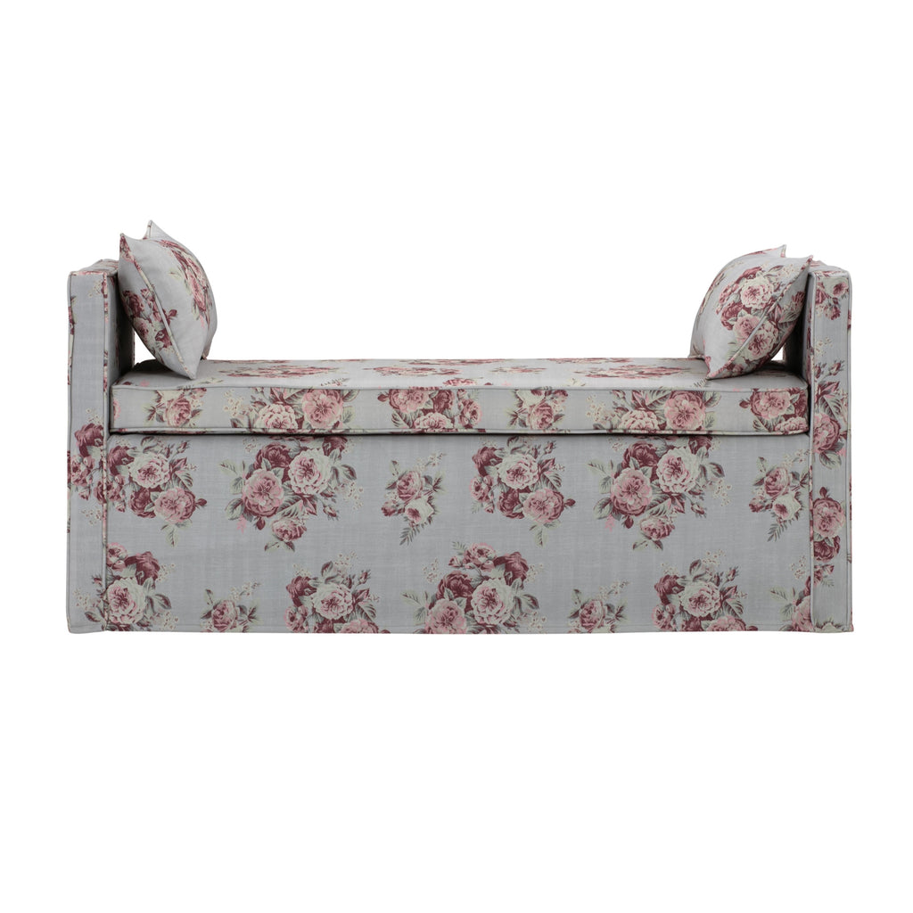 53" White and Red Upholstered Linen Floral Bench