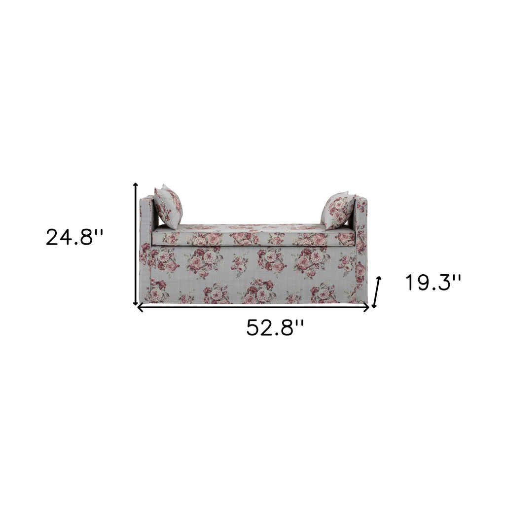 53" White and Red Upholstered Linen Floral Bench