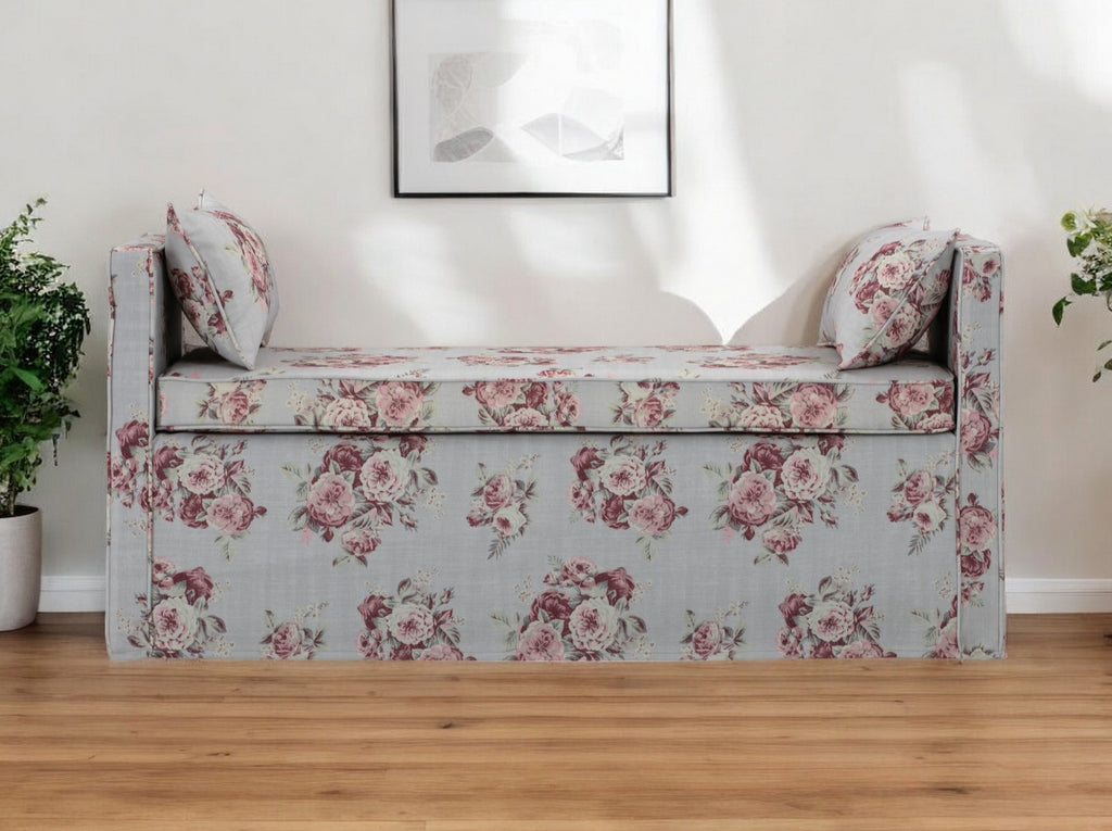 53" White and Red Upholstered Linen Floral Bench