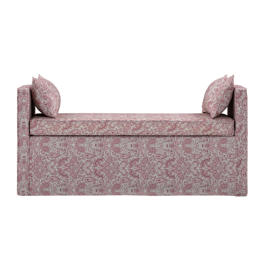 53" White and Red Upholstered Linen Floral Bench