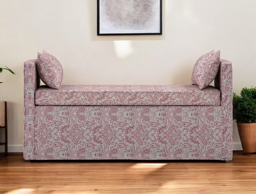 53" White and Red Upholstered Linen Floral Bench