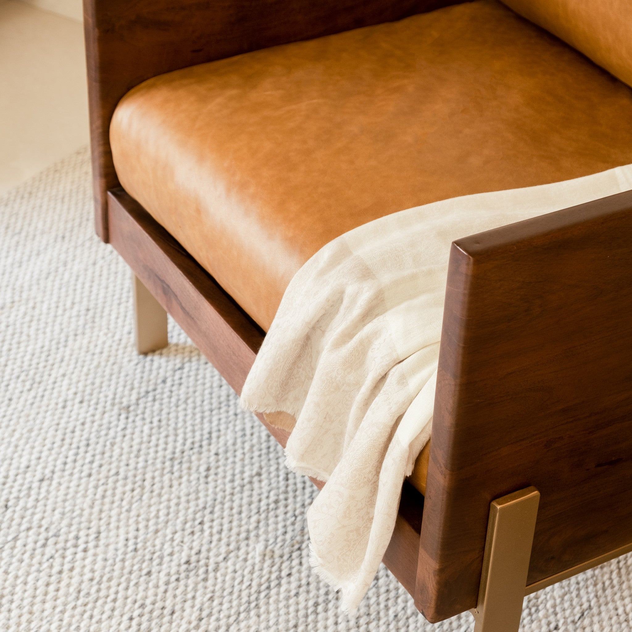 31" Carmel Brown Top Grain Leather And Gold Arm Chair