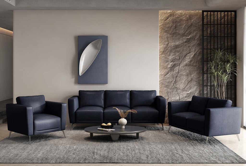 85" Blue Leather Sofa With Black Legs