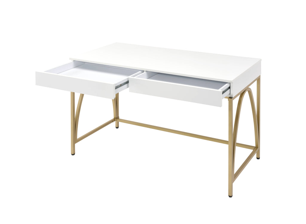 50" White and Gold Writing Desk With Two Drawers