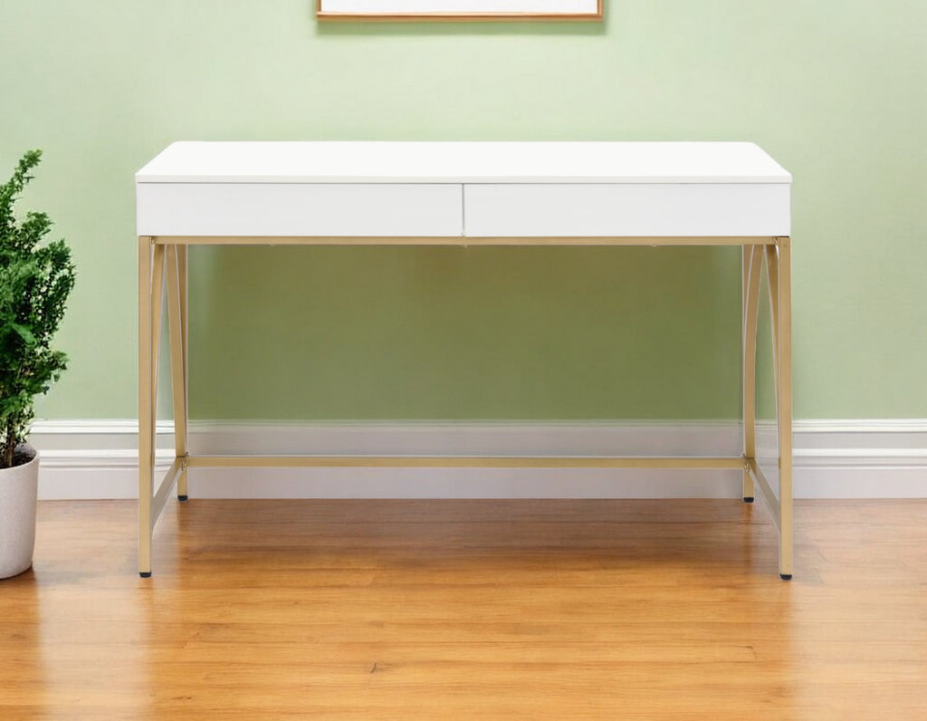 50" White and Gold Writing Desk With Two Drawers