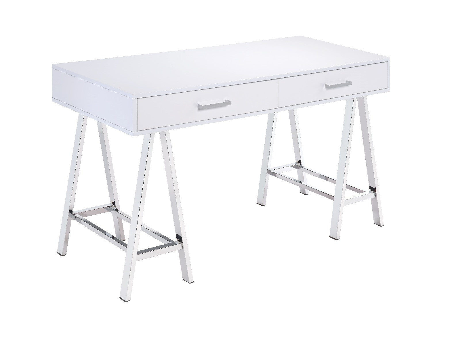 54" White and Silver Writing Desk With Two Drawers