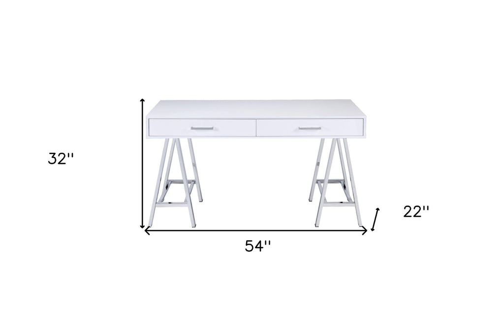 54" White and Silver Writing Desk With Two Drawers