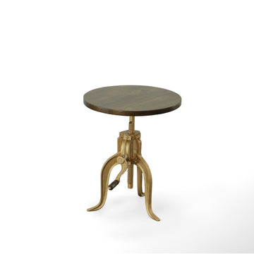 19" Brass Solid Wood And Iron Height Adjustable Round End Table