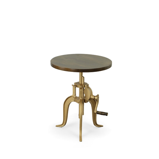 19" Brass Solid Wood And Iron Height Adjustable Round End Table