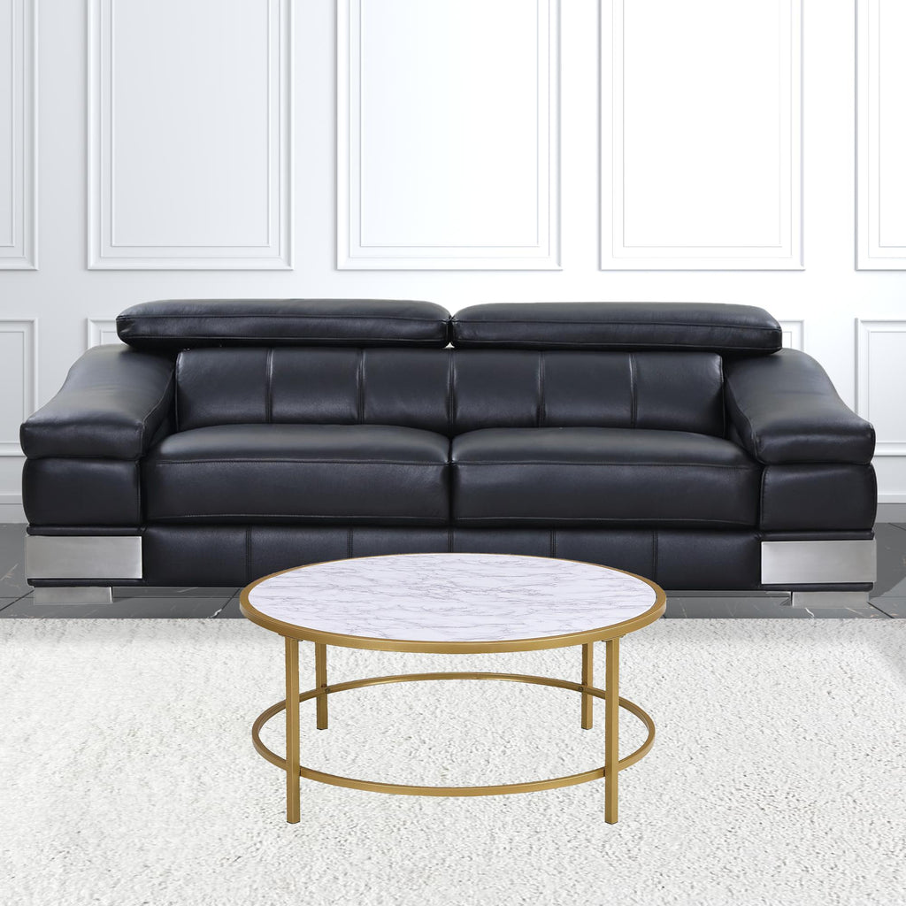 36" White And Gold Faux Marble And Metal Round Coffee Table