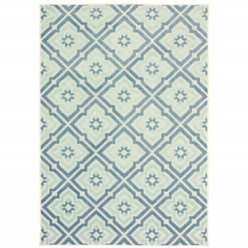 10' X 13' Blue and Ivory Geometric Stain Resistant Indoor Outdoor Area Rug