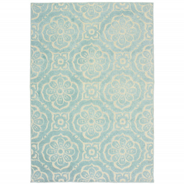 10' X 13' Blue and Ivory Floral Stain Resistant Indoor Outdoor Area Rug