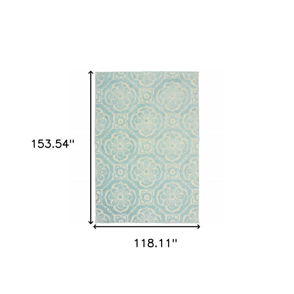 10' X 13' Blue and Ivory Floral Stain Resistant Indoor Outdoor Area Rug