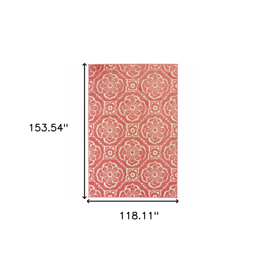 10' X 13' Pink Floral Stain Resistant Indoor Outdoor Area Rug