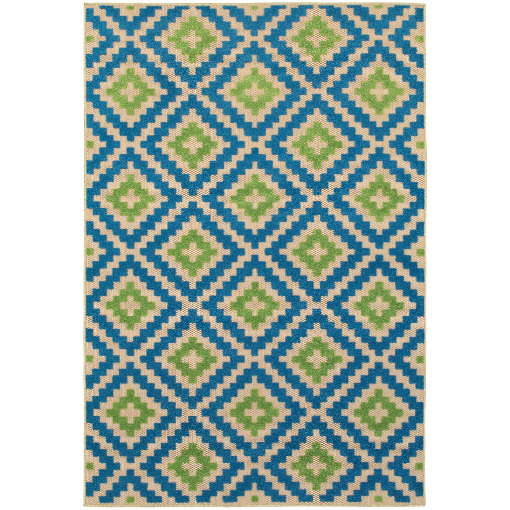 10' X 13' Blue and Beige Geometric Stain Resistant Indoor Outdoor Area Rug