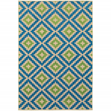 10' X 13' Blue and Beige Geometric Stain Resistant Indoor Outdoor Area Rug