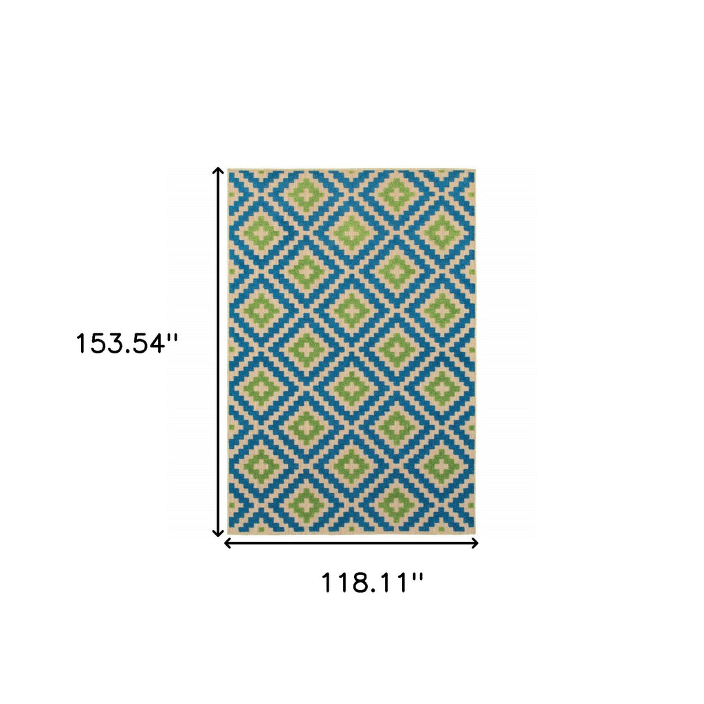 10' X 13' Blue and Beige Geometric Stain Resistant Indoor Outdoor Area Rug