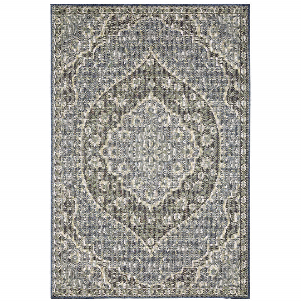 10' X 13' Blue and Green Oriental Stain Resistant Indoor Outdoor Area Rug