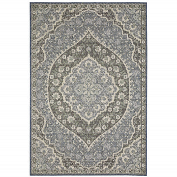 10' X 13' Blue and Green Oriental Stain Resistant Indoor Outdoor Area Rug