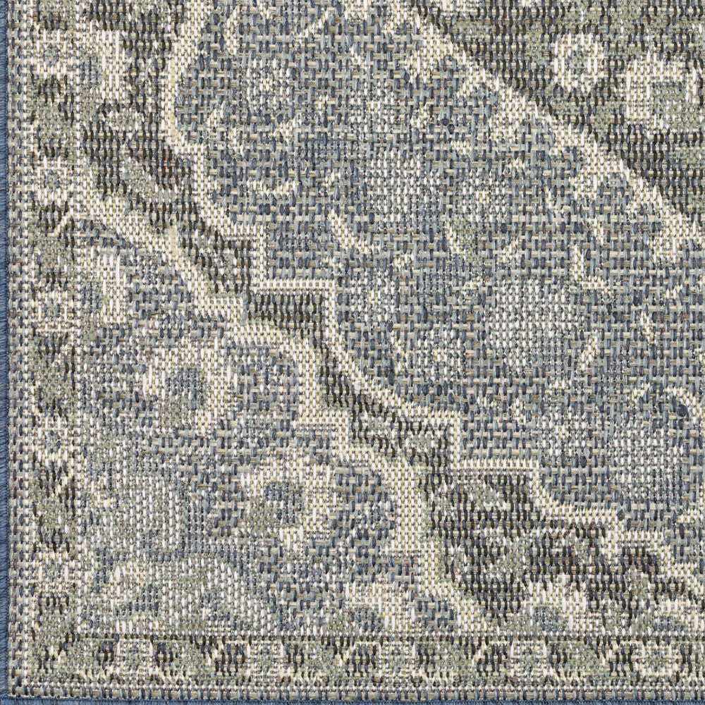 10' X 13' Blue and Green Oriental Stain Resistant Indoor Outdoor Area Rug