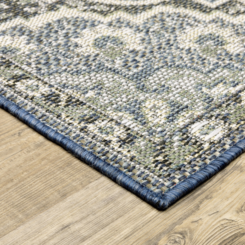 10' X 13' Blue and Green Oriental Stain Resistant Indoor Outdoor Area Rug