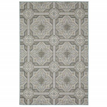 10' X 13' Blue and Gray Geometric Stain Resistant Indoor Outdoor Area Rug